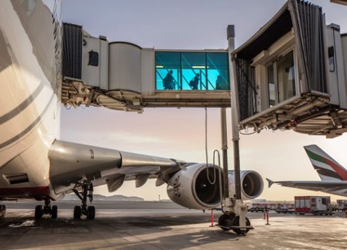 Passengers depart an Emirates A380 in Dubai.