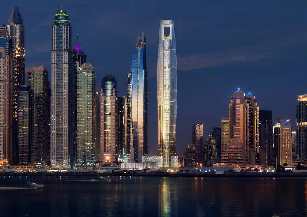 Ciel Tower at night in Dubai Marina