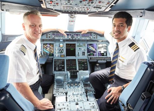 Emirates Captain Thomas Ziarno and First Officer Abdulrahman Mohamed Al Busaeedi inside the A380 cockpit.