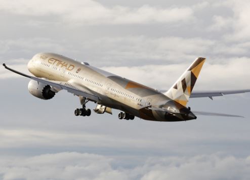 An Etihad Airways' Dreamliner takes to the skies.