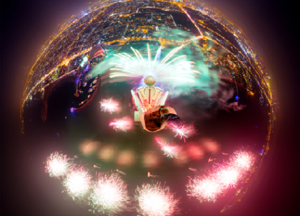 Fisheye view of fireworks atop Burj Al Arab
